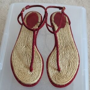 Rene Caovilla Rhinestone Thong Flat Sandals Red 37